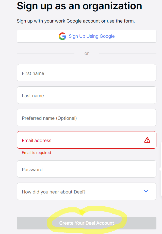 Sign up for a deel account as a remote employer