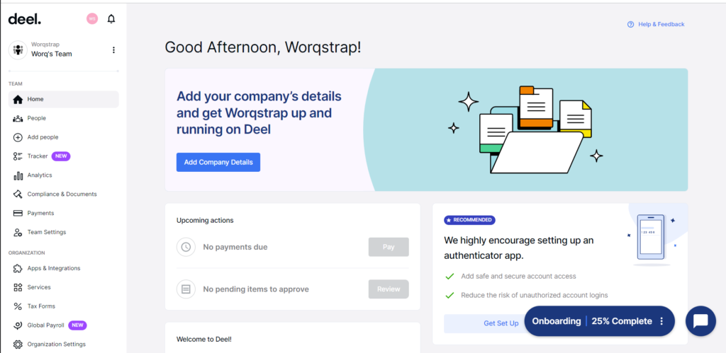 Deel dashboard for remote startup