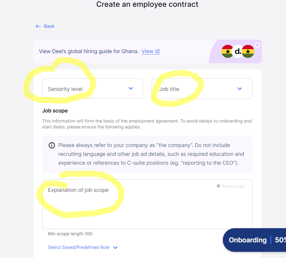 select type of employee, level, and job description on Deel